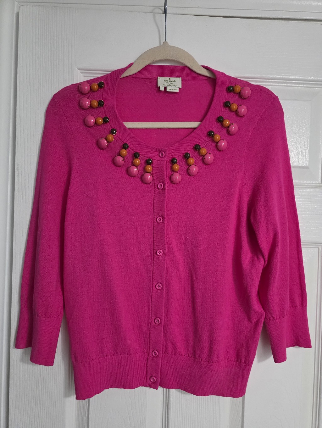 Kate Spade Hot Pink Beaded Crewneck Cardigan Sweater Dopamine Y2k Preppy Barbie